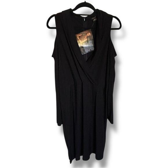 IMAN Black Sheath Midi Dress with V-Neck Faux Wrap Cold Shoulder 2X - Picture 1 of 5